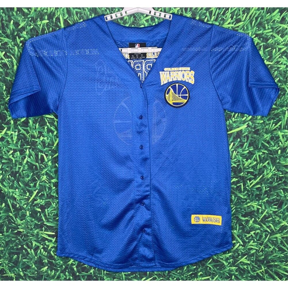 Golden State Warriors NBA Basketball Button Front Mesh Blue Jersey Shirt Large